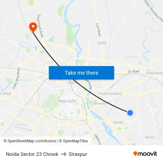 Noida Sector 23 Chowk to Siraspur map