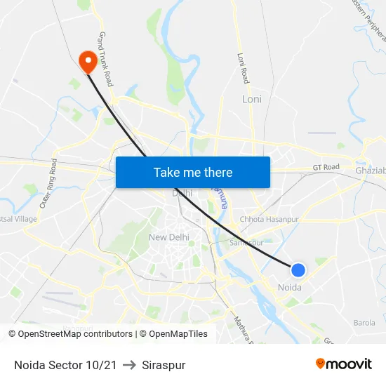 Noida Sector 10/21 to Siraspur map