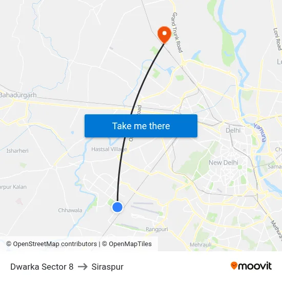 Dwarka Sector 8 to Siraspur map