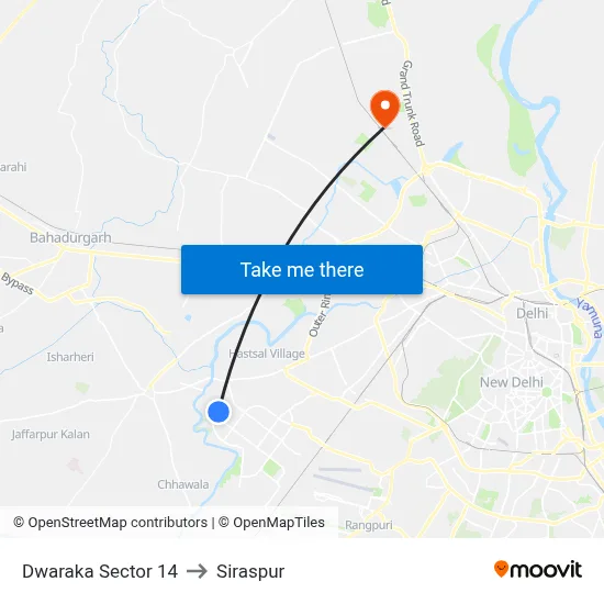 Dwaraka Sector 14 to Siraspur map