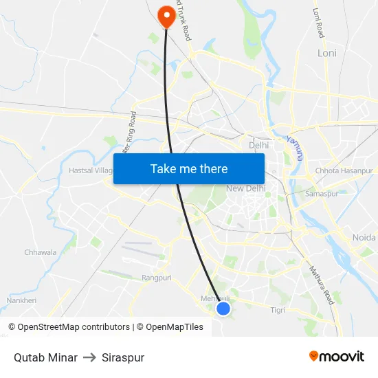 Qutab Minar to Siraspur map