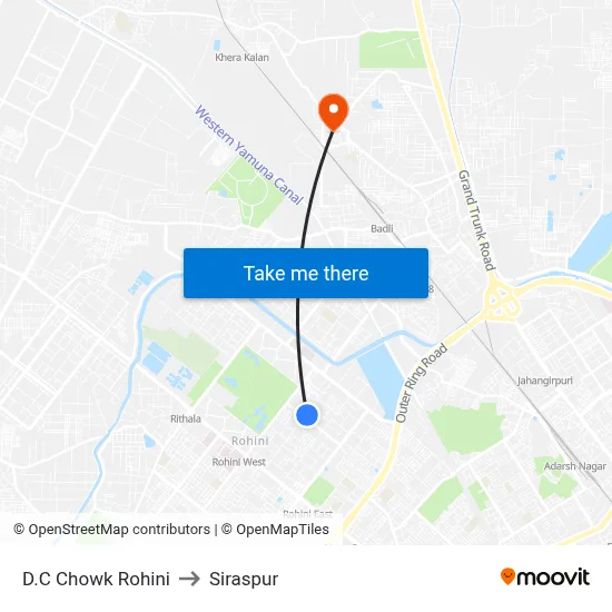 D.C Chowk Rohini to Siraspur map