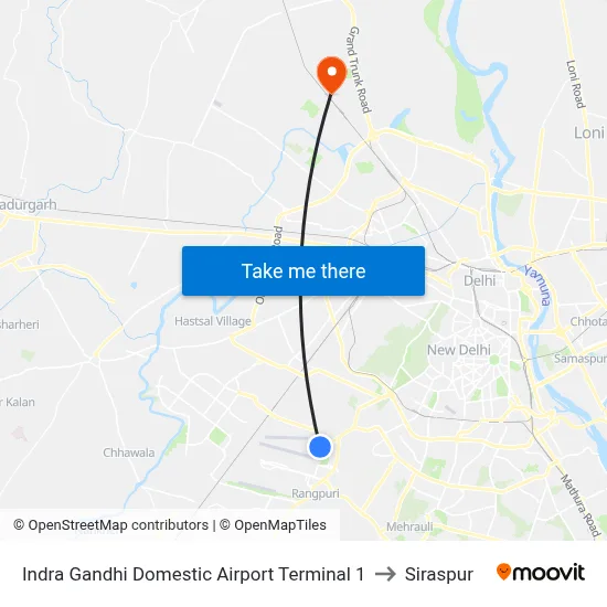 Indra Gandhi Domestic Airport Terminal 1 to Siraspur map