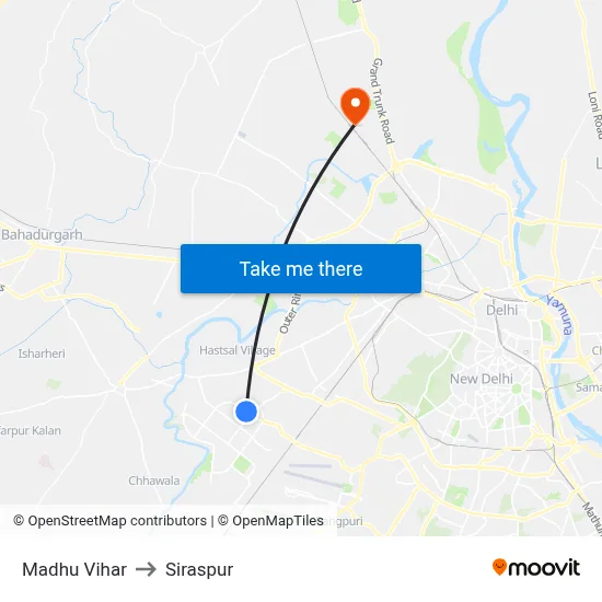 Madhu Vihar to Siraspur map