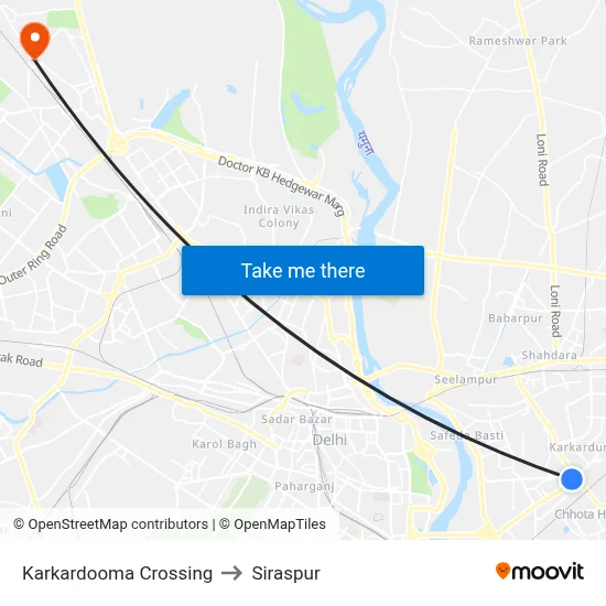 Karkardooma Crossing to Siraspur map