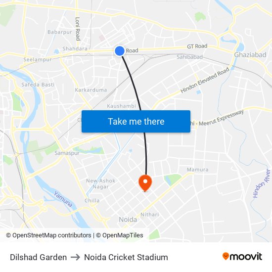 Dilshad Garden to Noida Cricket Stadium map