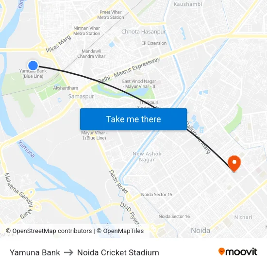 Yamuna Bank to Noida Cricket Stadium map