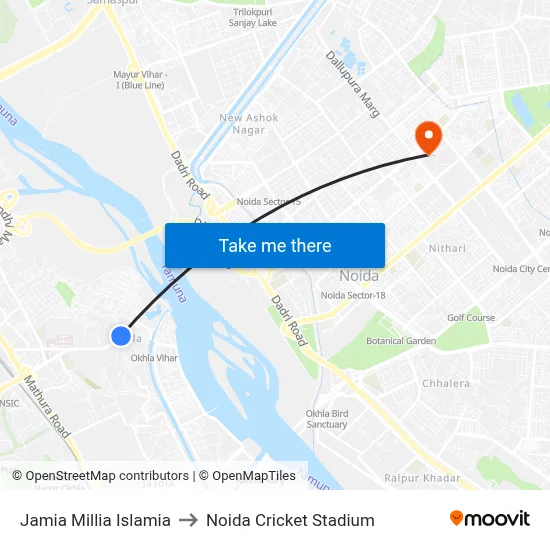 Jamia Millia Islamia to Noida Cricket Stadium map