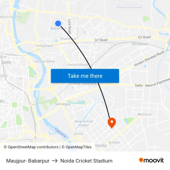Maujpur- Babarpur to Noida Cricket Stadium map