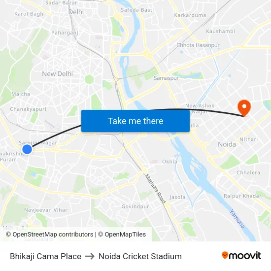 Bhikaji Cama Place to Noida Cricket Stadium map