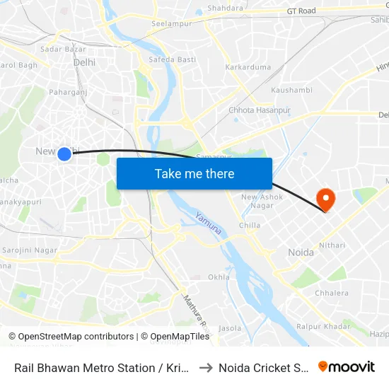 Rail Bhawan Metro Station / Krishi Bhawan to Noida Cricket Stadium map