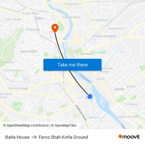 Batla House to Feroz Shah Kotla Ground map