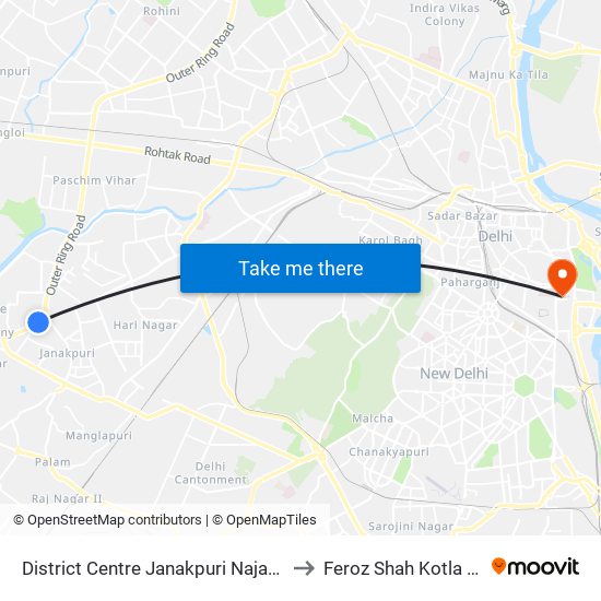 District Centre Janakpuri Najafgarh Road to Feroz Shah Kotla Ground map