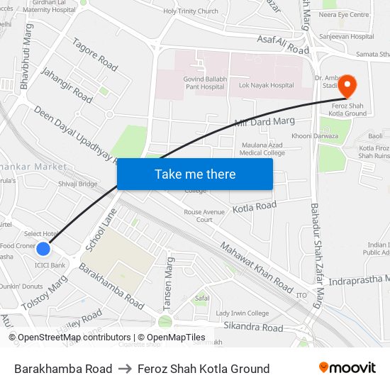 Barakhamba Road to Feroz Shah Kotla Ground map