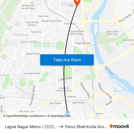 Lajpat Nagar Metro / लाजपत नगर to Feroz Shah Kotla Ground map