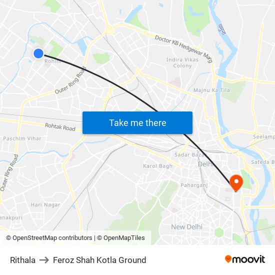 Rithala to Feroz Shah Kotla Ground map