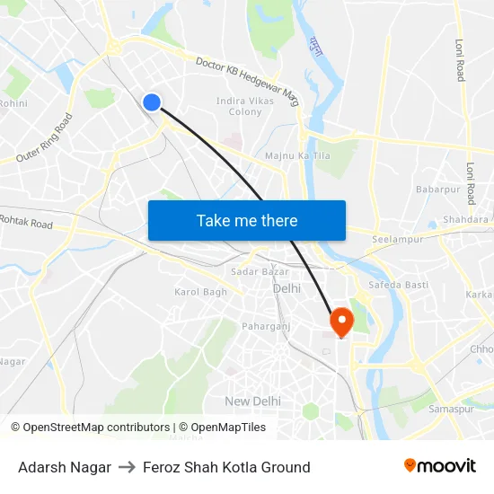 Adarsh Nagar to Feroz Shah Kotla Ground map