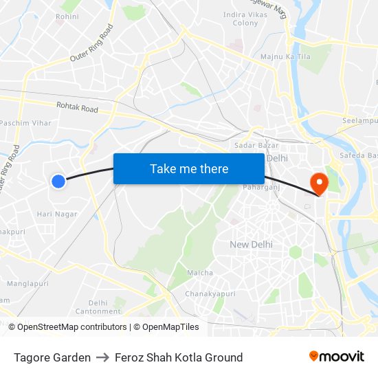 Tagore Garden to Feroz Shah Kotla Ground map