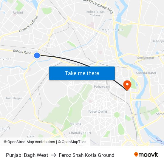 Punjabi Bagh West to Feroz Shah Kotla Ground map