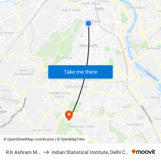 R K Ashram Marg to Indian Statistical Institute, Delhi Centre map