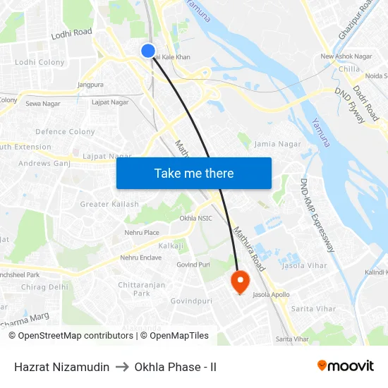 Hazrat Nizamudin to Okhla Phase - II map