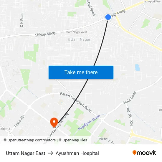 Uttam Nagar East to Ayushman Hospital map