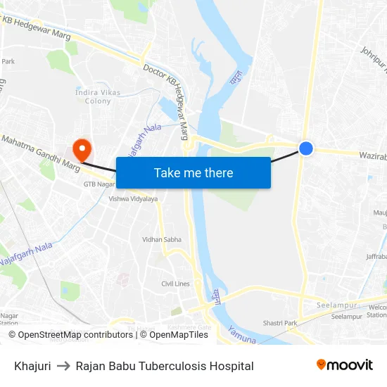 Khajuri to Rajan Babu Tuberculosis Hospital map