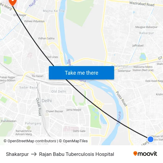 Shakarpur to Rajan Babu Tuberculosis Hospital map
