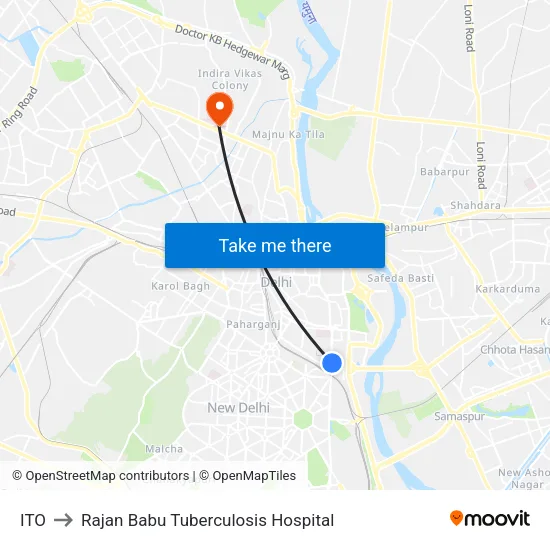 ITO to Rajan Babu Tuberculosis Hospital map