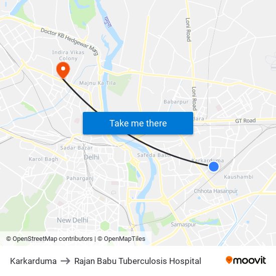 Karkarduma to Rajan Babu Tuberculosis Hospital map