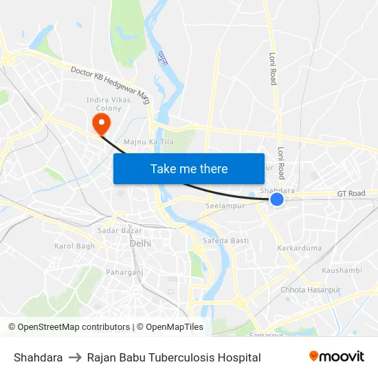 Shahdara to Rajan Babu Tuberculosis Hospital map