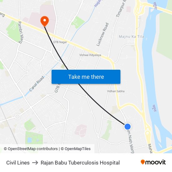 Civil Lines to Rajan Babu Tuberculosis Hospital map