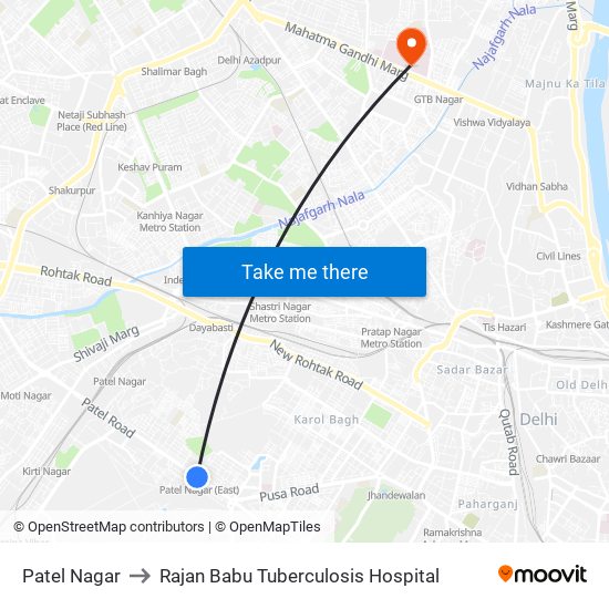 Patel Nagar to Rajan Babu Tuberculosis Hospital map