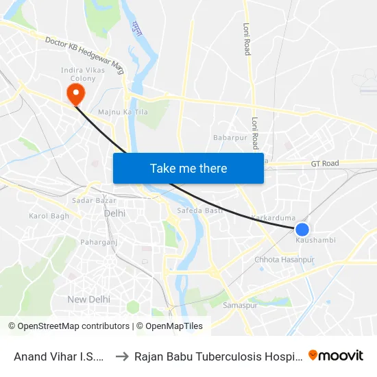 Anand Vihar I.S.B.T to Rajan Babu Tuberculosis Hospital map