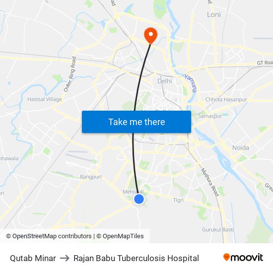 Qutab Minar to Rajan Babu Tuberculosis Hospital map