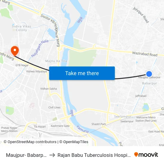 Maujpur- Babarpur to Rajan Babu Tuberculosis Hospital map