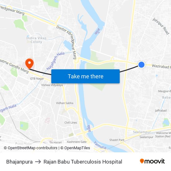 Bhajanpura to Rajan Babu Tuberculosis Hospital map