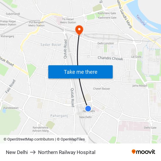 New Delhi to Northern Railway Hospital map