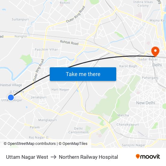 Uttam Nagar West to Northern Railway Hospital map