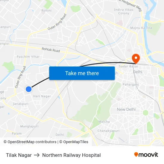 Tilak Nagar to Northern Railway Hospital map