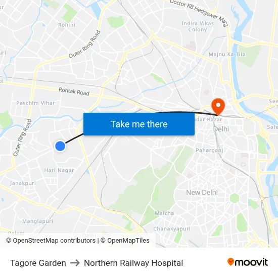 Tagore Garden to Northern Railway Hospital map
