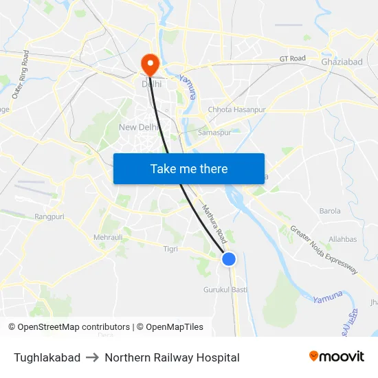 Tughlakabad to Northern Railway Hospital map