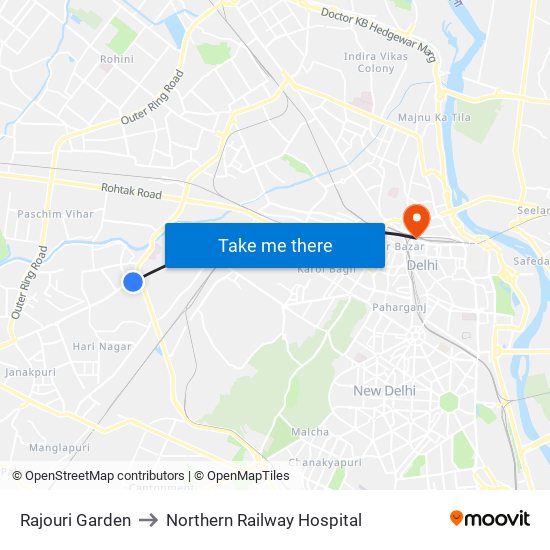 Rajouri Garden to Northern Railway Hospital map