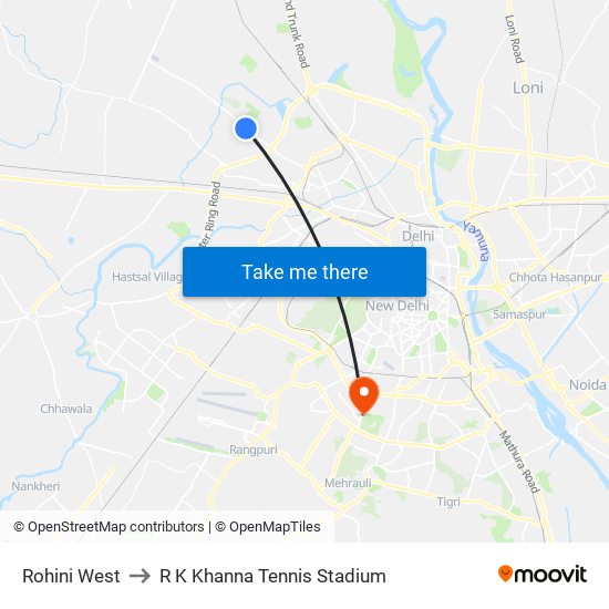 Rohini West to R K Khanna Tennis Stadium map