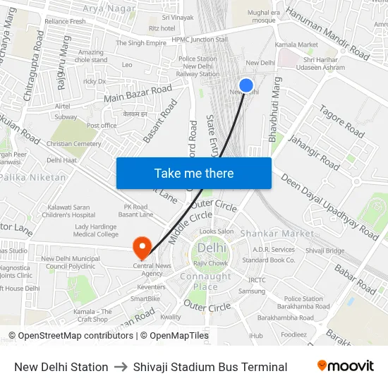 New Delhi Station to Shivaji Stadium Bus Terminal map