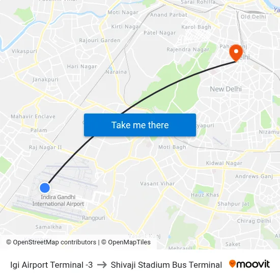 Igi Airport Terminal -3 to Shivaji Stadium Bus Terminal map
