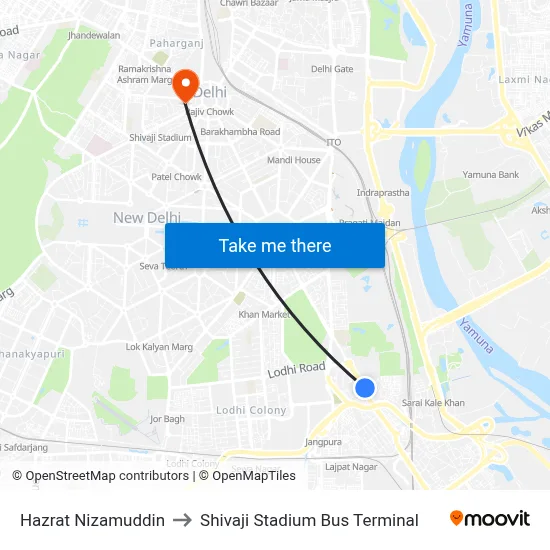 Hazrat Nizamuddin to Shivaji Stadium Bus Terminal map
