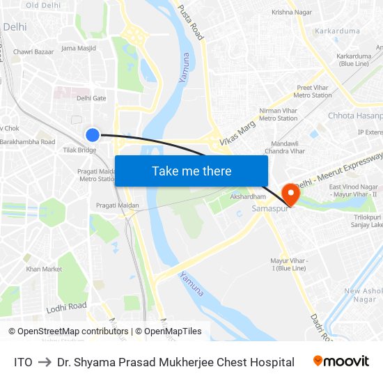 ITO to Dr. Shyama Prasad Mukherjee Chest Hospital map