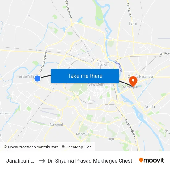 Janakpuri West to Dr. Shyama Prasad Mukherjee Chest Hospital map