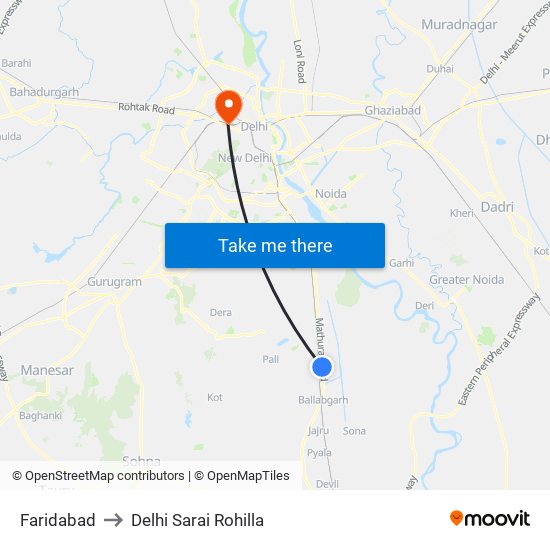 Faridabad to Delhi Sarai Rohilla map